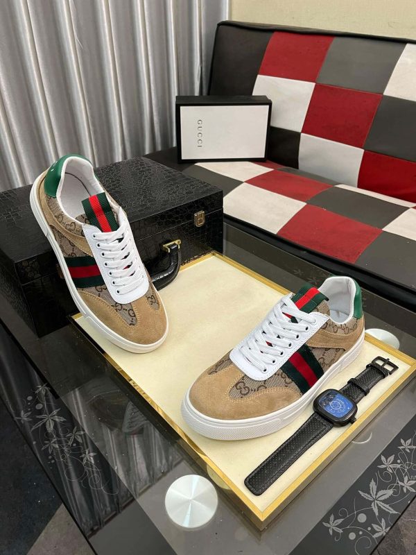 Gucci Men's G75 Sneaker with Web in Brown Suede and Beige and Ebony GG Canvas