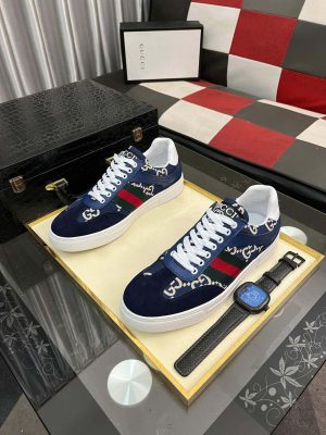 Gucci Men's G75 Sneaker with Web in Blue Suede and Beige and Blue GG Canvas