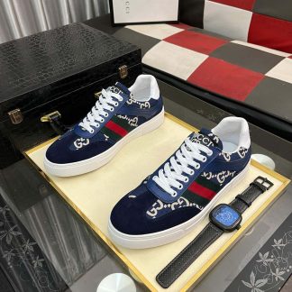 Gucci Men's G75 Sneaker with Web in Blue Suede and Beige and Blue GG Canvas