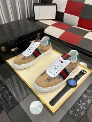 Gucci Men's G75 Sneaker with Web in Brown Suede and Beige and Ebony GG Canvas