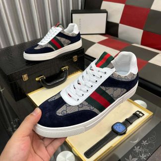 Gucci Men's G75 Sneaker with Web in Black Suede and Beige and Blue GG Canvas
