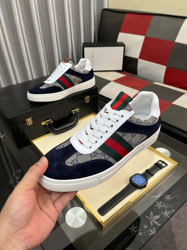 Guccisneakers_4_084c8ad3-1630-440f-9b0b-a23f0dfe2797 Gucci Men's G75 Sneaker with Web in Black Suede and Beige and Blue GG Canvas