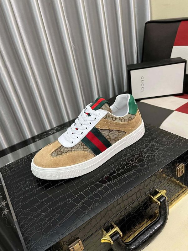 Gucci Men's G75 Sneaker with Web in Brown Suede and Beige and Ebony GG Canvas