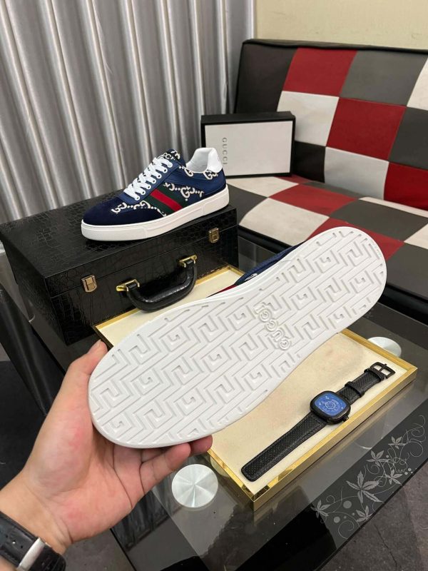 Guccisneakers_5_681cf1e8-3cd5-492d-b09a-a823ccde7ede Gucci Men's G75 Sneaker with Web in Blue Suede and Beige and Blue GG Canvas