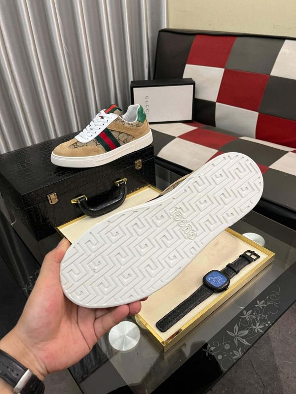 Gucci Men's G75 Sneaker with Web in Brown Suede and Beige and Ebony GG Canvas