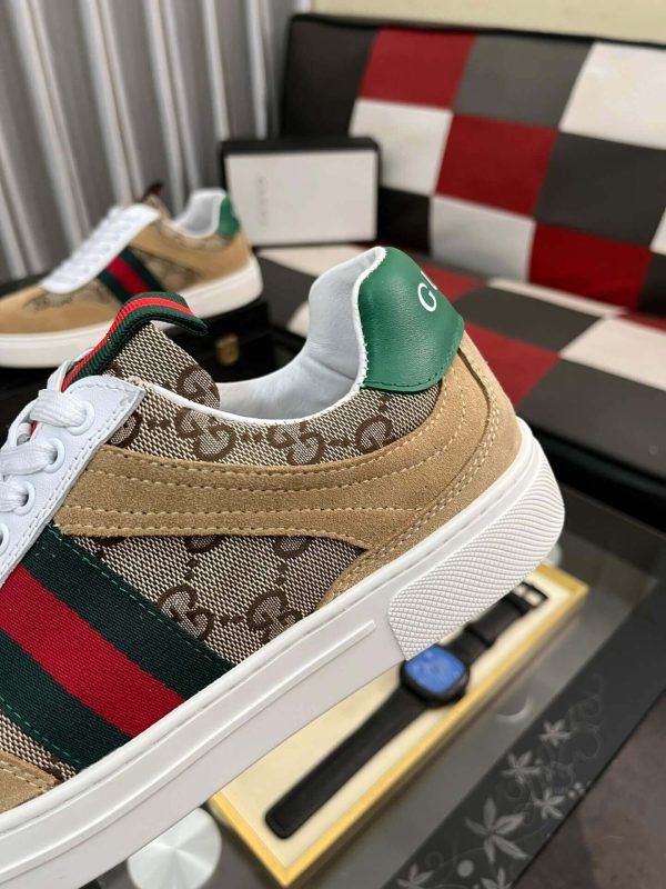 Gucci Men's G75 Sneaker with Web in Brown Suede and Beige and Ebony GG Canvas