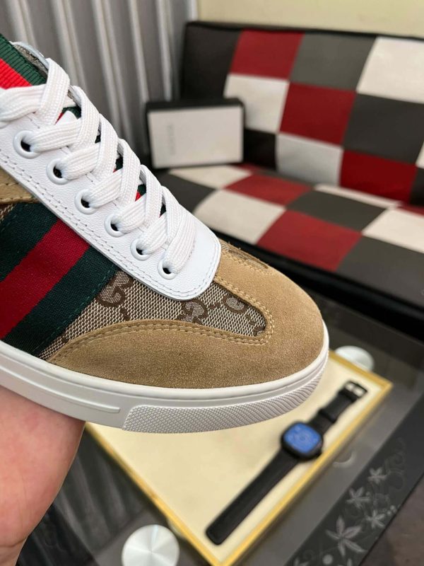 Gucci Men's G75 Sneaker with Web in Brown Suede and Beige and Ebony GG Canvas