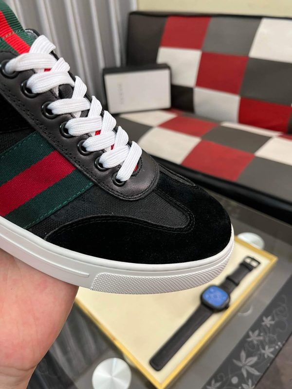 Gucci Men's G75 Sneaker with Web in Black Suede and Black GG Canvas