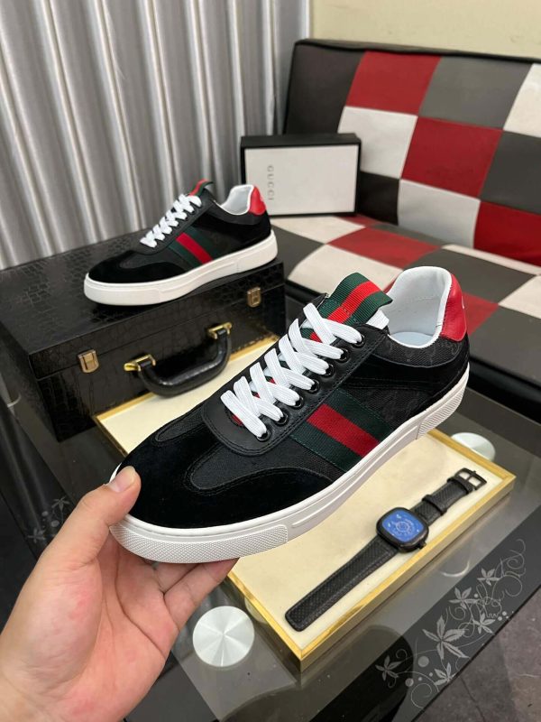 Gucci Men's G75 Sneaker with Web in Black Suede and Black GG Canvas