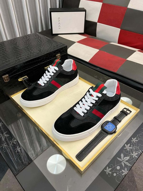 Gucci Men's G75 Sneaker with Web in Black Suede and Black GG Canvas