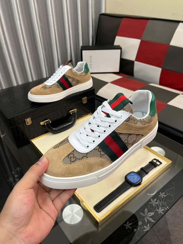 Gucci Men's G75 Sneaker with Web in Brown Suede and Beige and Ebony GG Canvas