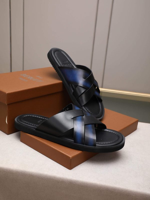 Berluti Sifnos Scritto Leather Sandals in Blue and Black