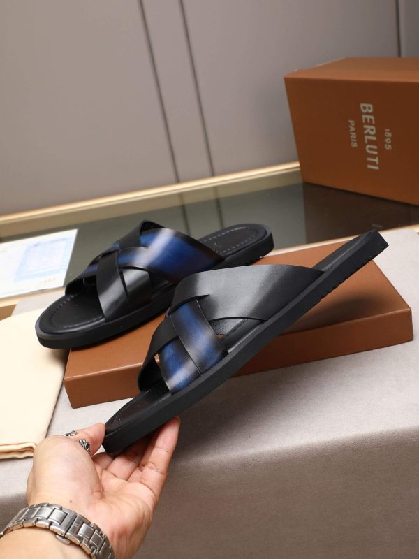 Berluti Sifnos Scritto Leather Sandals in Blue and Black