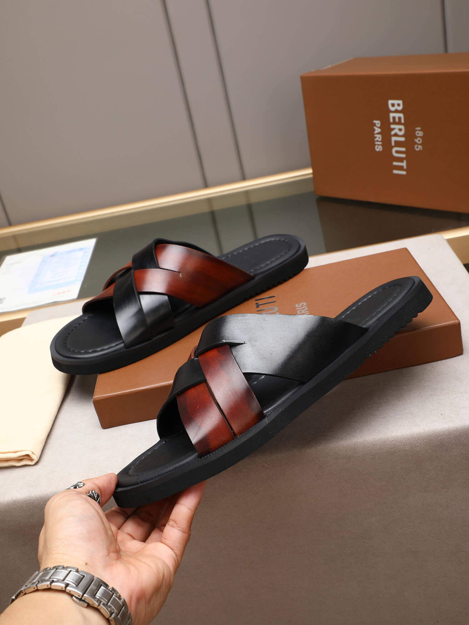 Berluti Sifnos Scritto Leather Sandals in Brown 9 Berluti Sifnos Scritto Leather Sandals in Brown - Image 9