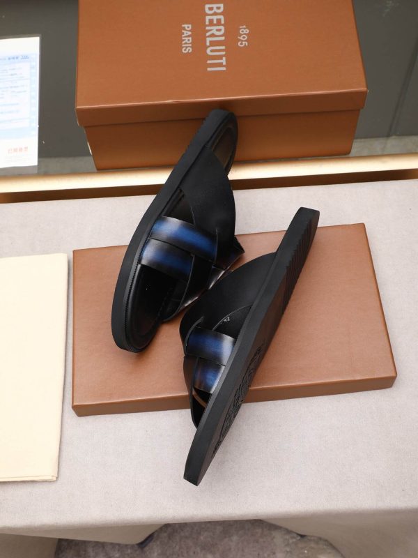 Berluti Sifnos Scritto Leather Sandals in Blue and Black