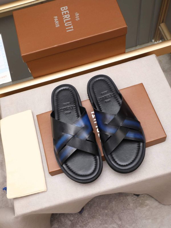 Berluti Sifnos Scritto Leather Sandals in Blue and Black
