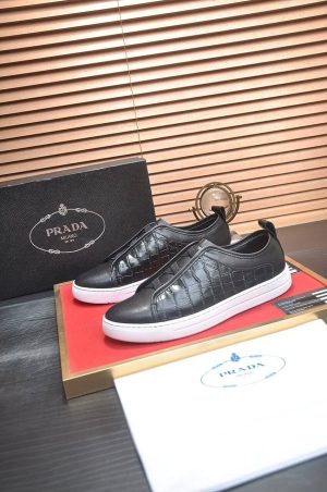 Prada Black Alligator Leather and Re-Nylon Sneakers
