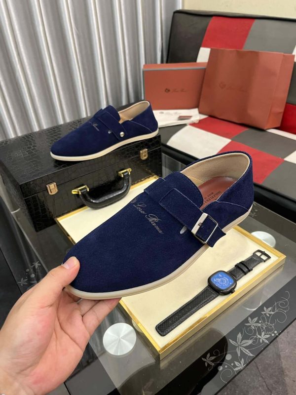 LoroPianaMen_7575f22b-8d1d-4b03-93f9-673961d5e995 Loro Piana Navy Blue Suede Loafer with Backle Strap