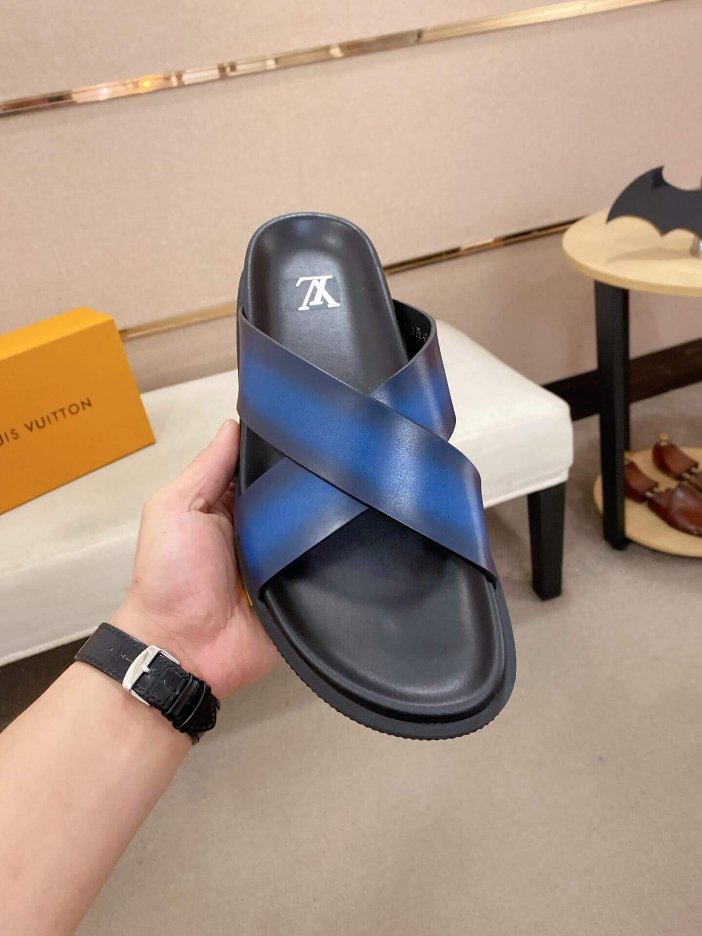 LOUIS VUITTON Men's Blue Leather Crisscross Mule 2 LOUIS VUITTON Men's Blue Leather Crisscross Mule - Image 2