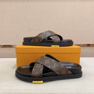 LOUIS VUITTON Men's Brown Monogram Canvas Slides
