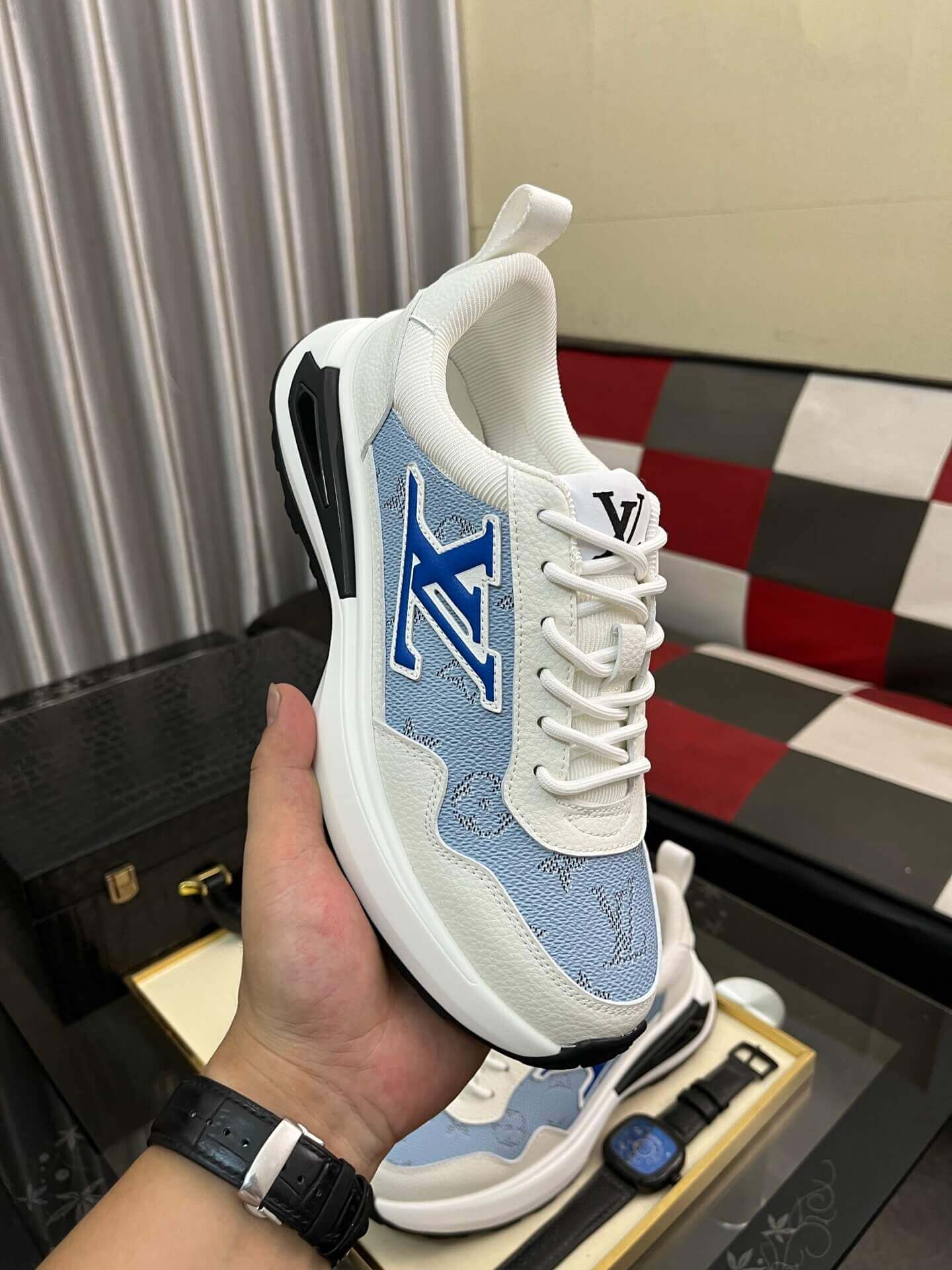 Louis Vuitton Men's Trainer in White Leather and Blue Monogram Mesh 4 Louis Vuitton Men's Trainer in White Leather and Blue Monogram Mesh - Image 4