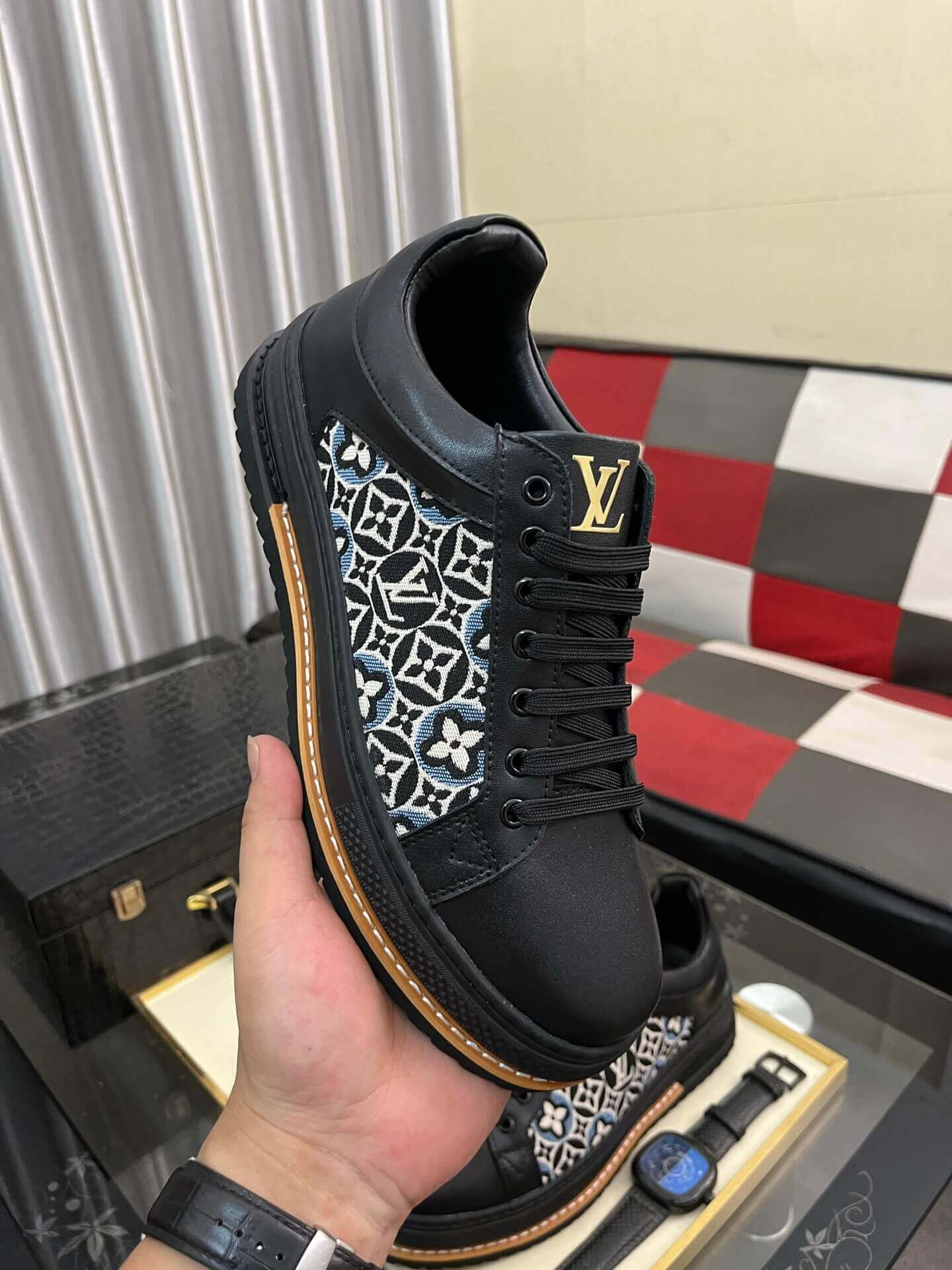 Louis Vuitton Men's Sneakers in Blue Monogram Denim and Black Leather 3 Louis Vuitton Men's Sneakers in Blue Monogram Denim and Black Leather - Image 3