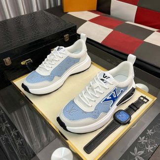Louis Vuitton Men's Trainer in White Leather and Blue Monogram Mesh