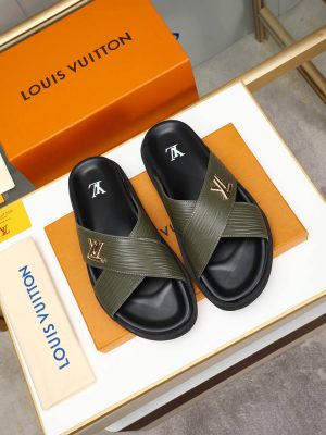 Louis Vuitton Men's Green Leather Slippers