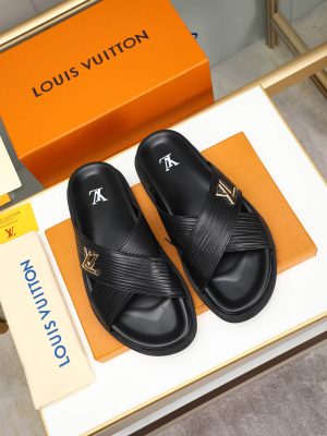 Louis Vuitton Men's Black Leather Slippers