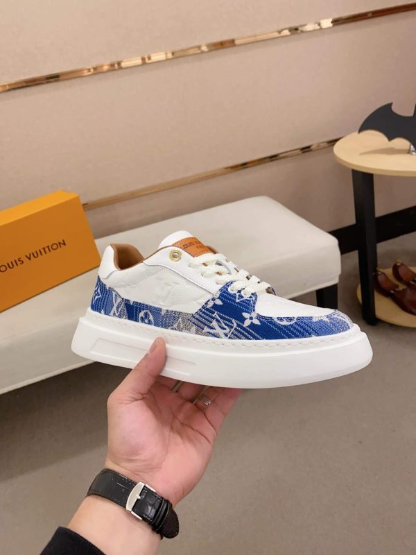 LV Beverly Hills Sneaker Blue Monogram Denim and White Leather