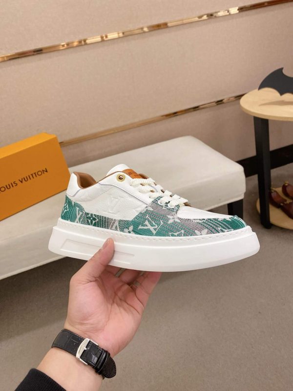 LV Beverly Hills Sneaker Green Monogram Denim and White Leather