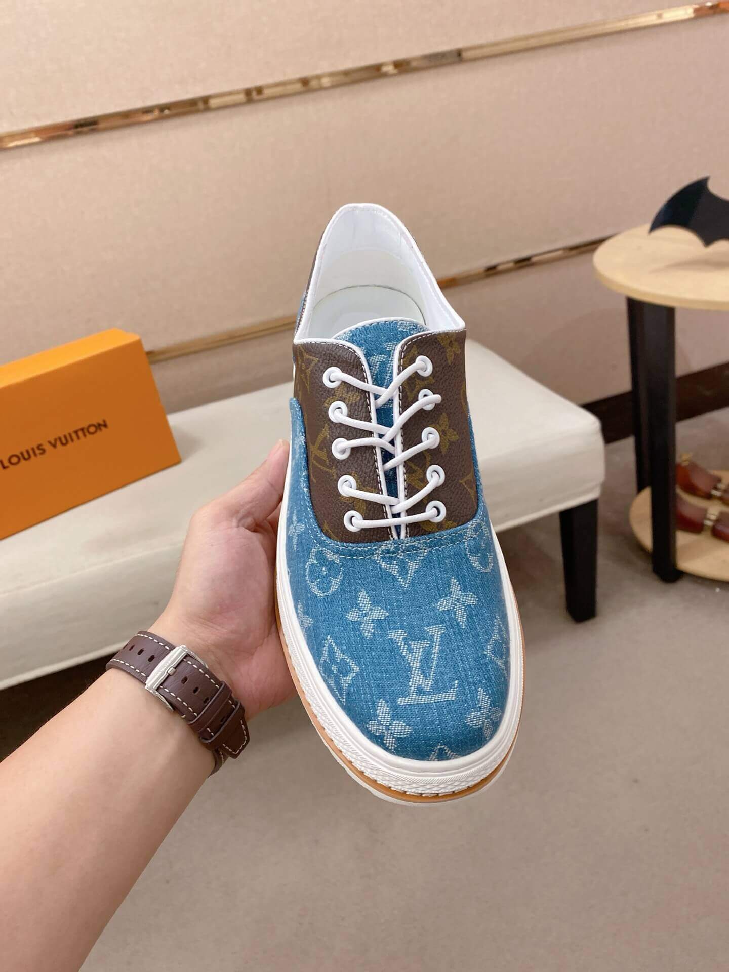 White, Beige & Blue Louis Vuitton Monogram Trocadéro Richelieu Sneaker 6 White, Beige & Blue Louis Vuitton Monogram Trocadéro Richelieu Sneaker - Image 6