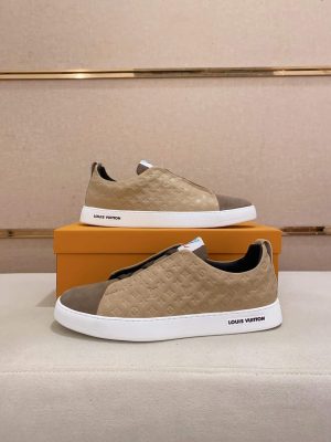LV Slip-On Sneakers in Beige Monogram Embossed Leather and Suede