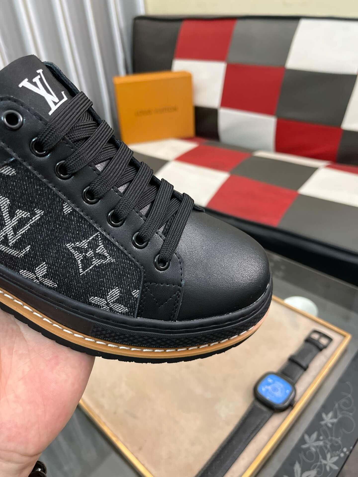 Louis Vuitton LV Trainer Sneaker in Black Monogram Denim and White Leather 8 Louis Vuitton LV Trainer Sneaker in Black Monogram Denim and White Leather - Image 8