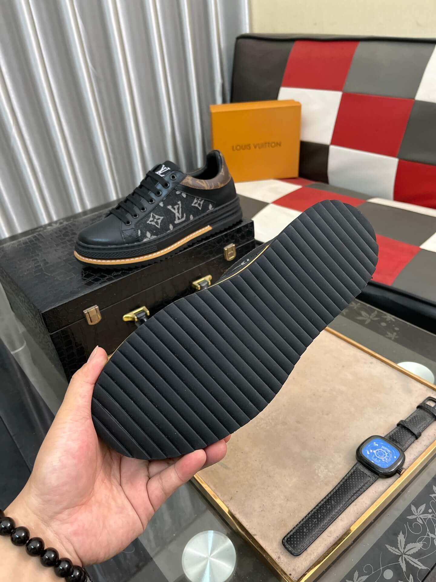 Louis Vuitton LV Trainer Sneaker in Black Monogram Denim and White Leather 3 Louis Vuitton LV Trainer Sneaker in Black Monogram Denim and White Leather - Image 3