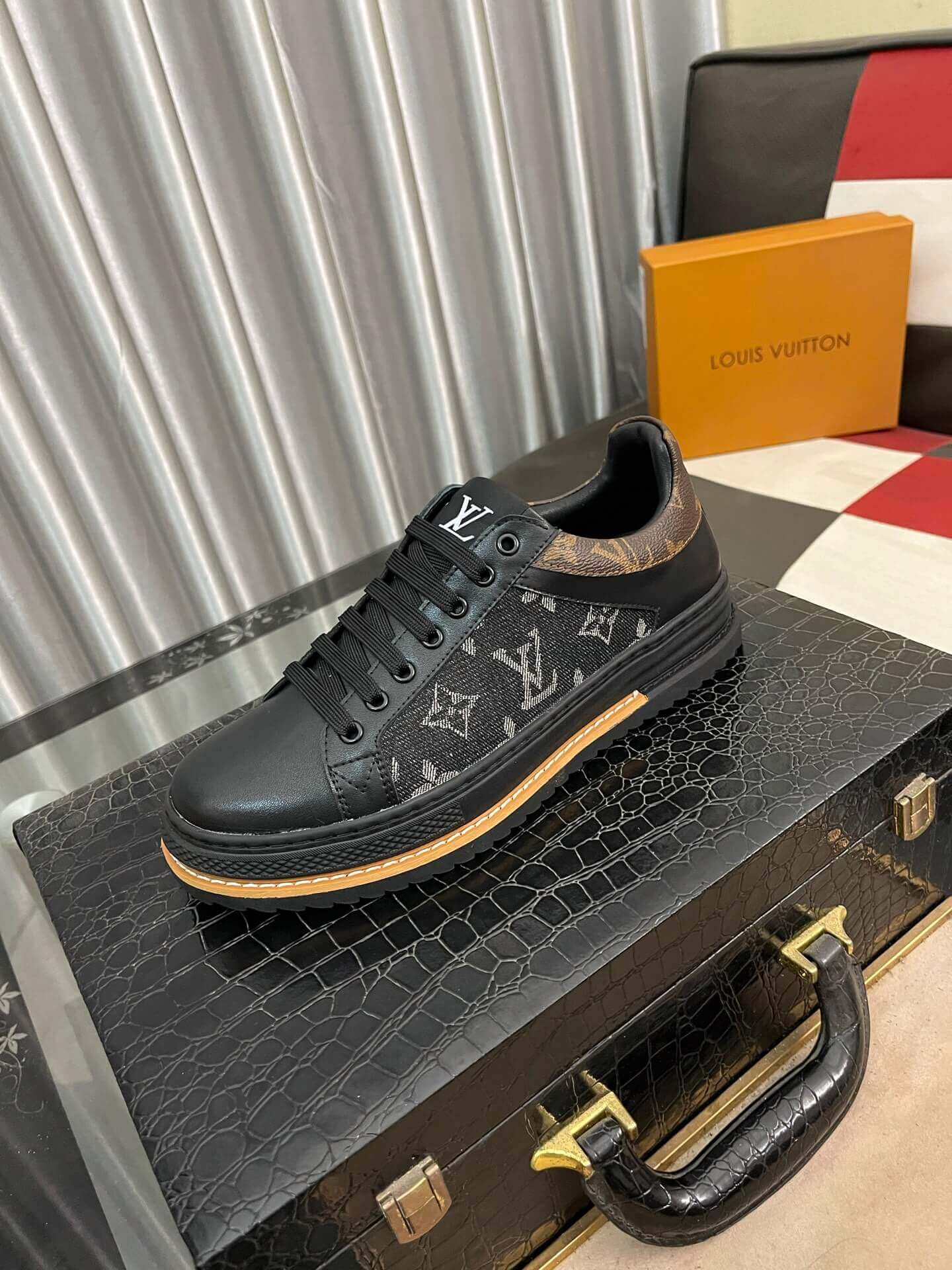 Louis Vuitton LV Trainer Sneaker in Black Monogram Denim and White Leather 4 Louis Vuitton LV Trainer Sneaker in Black Monogram Denim and White Leather - Image 4