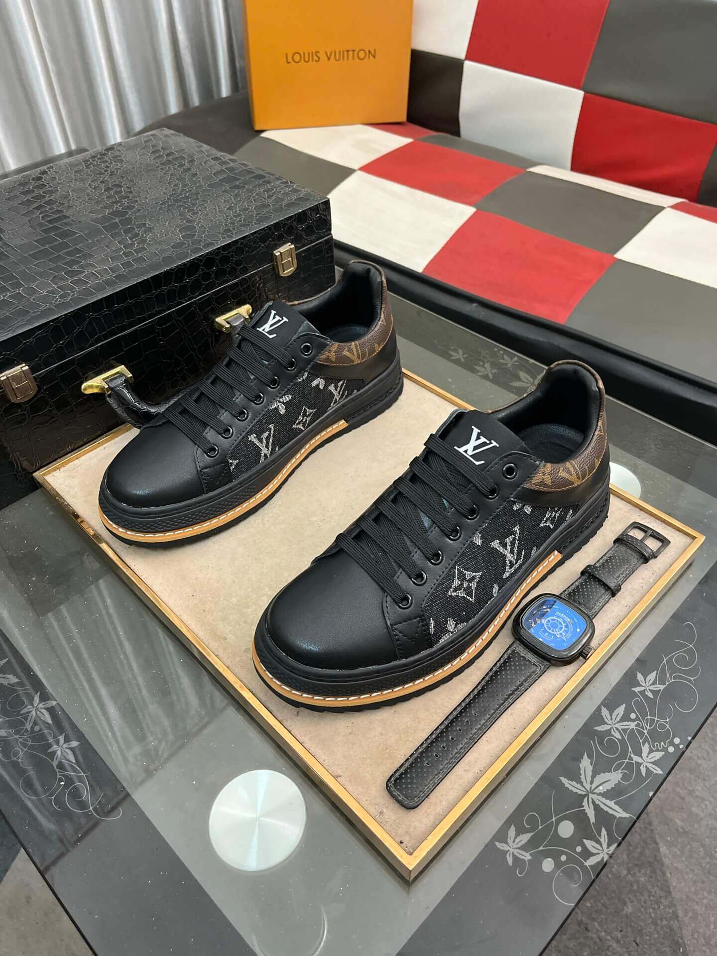 Louis Vuitton LV Trainer Sneaker in Black Monogram Denim and White Leather 1 Louis Vuitton LV Trainer Sneaker in Black Monogram Denim and White Leather