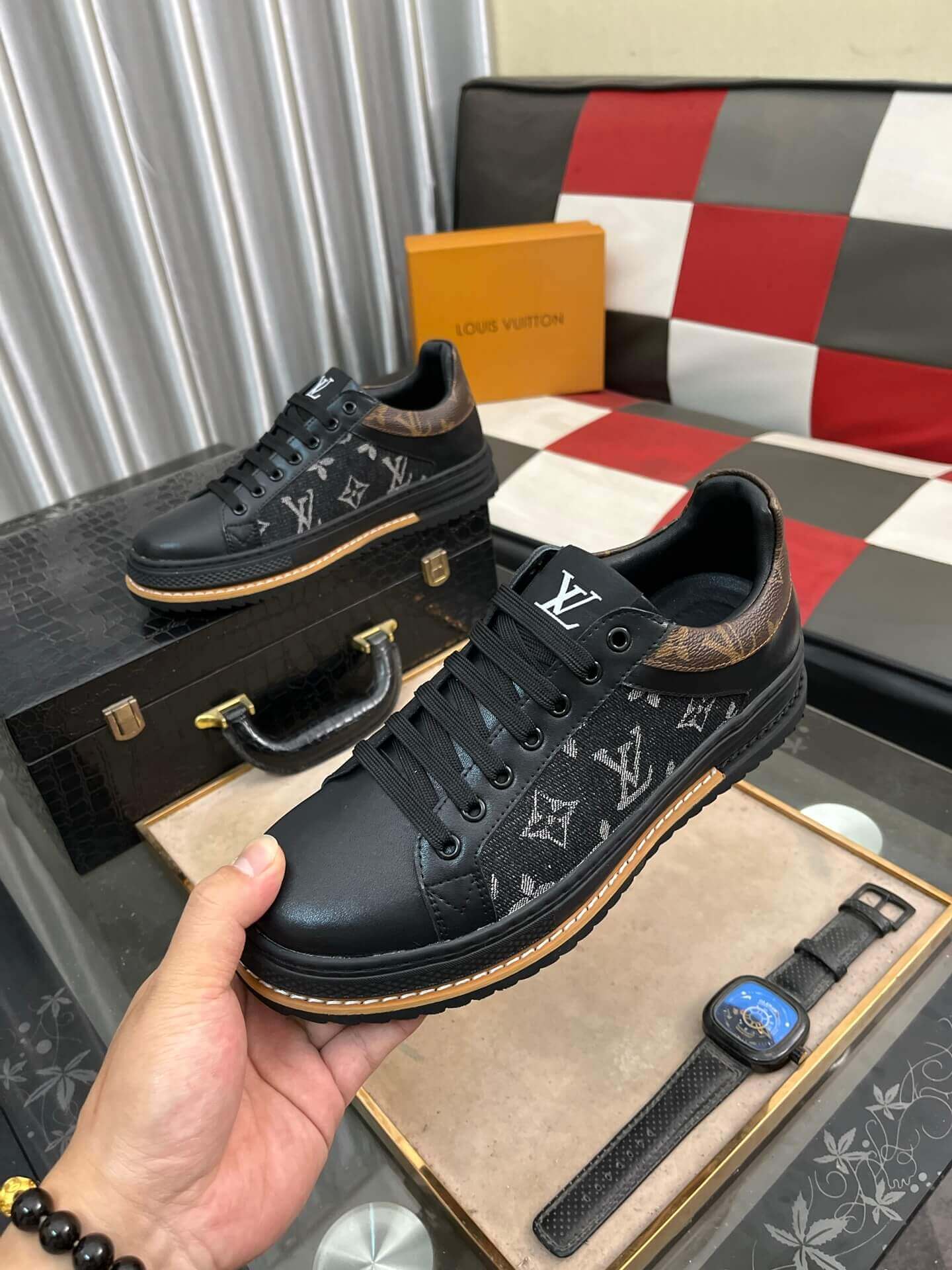 Louis Vuitton LV Trainer Sneaker in Black Monogram Denim and White Leather 7 Louis Vuitton LV Trainer Sneaker in Black Monogram Denim and White Leather - Image 7