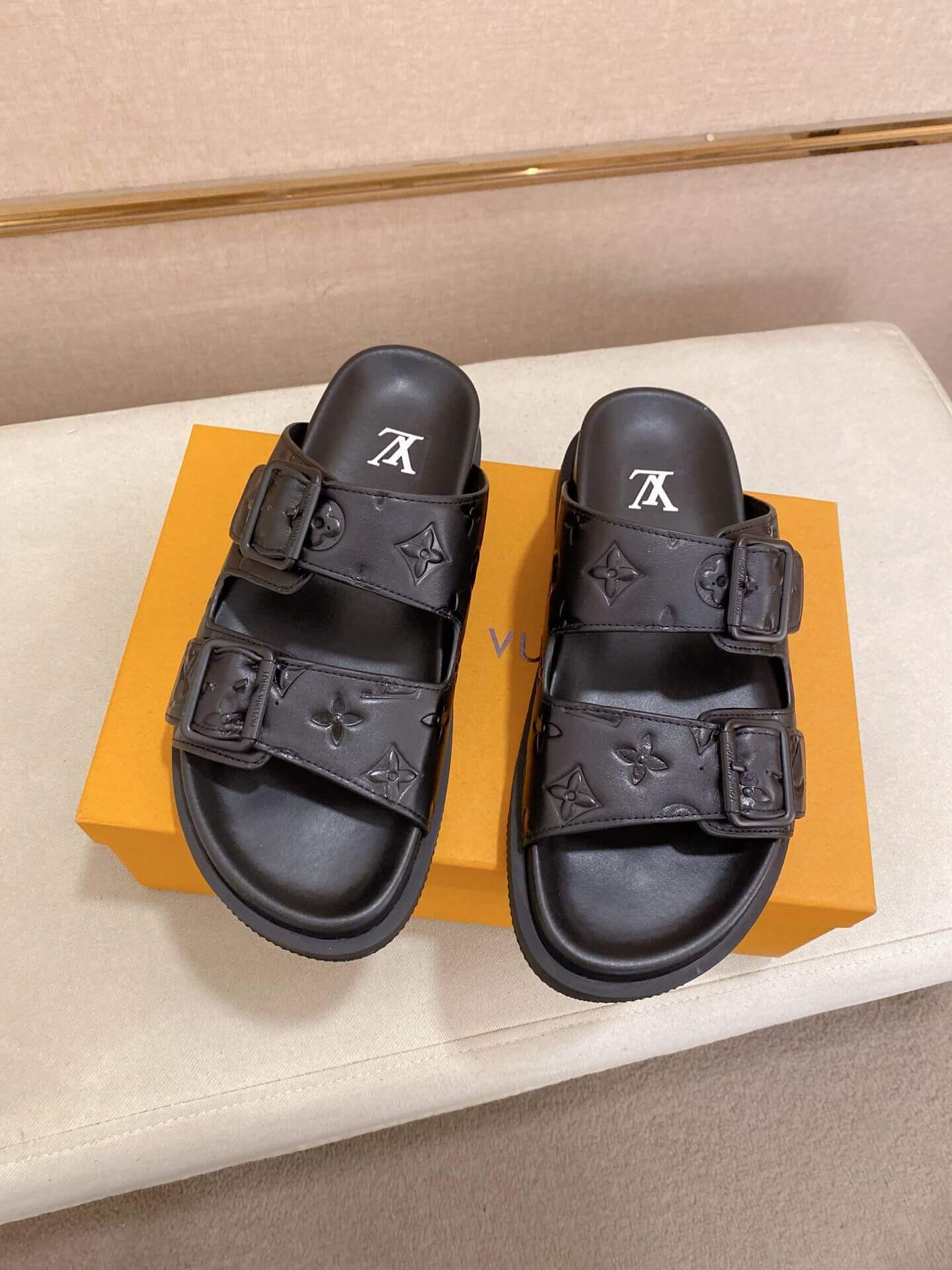 LV Venice Mule in Black Monogram Embossed Leather 1 LV Venice Mule in Black Monogram Embossed Leather