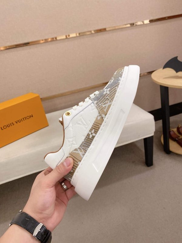 LV Beverly Hills Sneaker in Brown Monogram Denim and White Leather