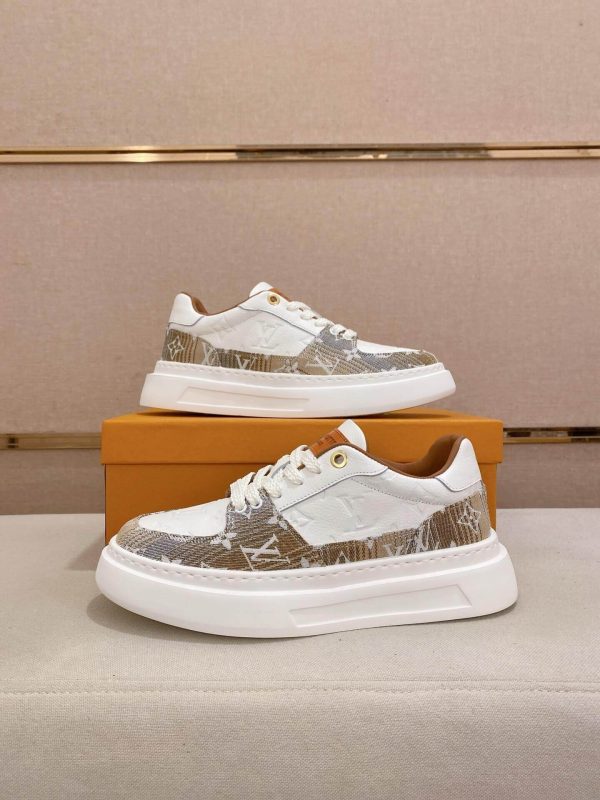 LV Beverly Hills Sneaker in Brown Monogram Denim and White Leather
