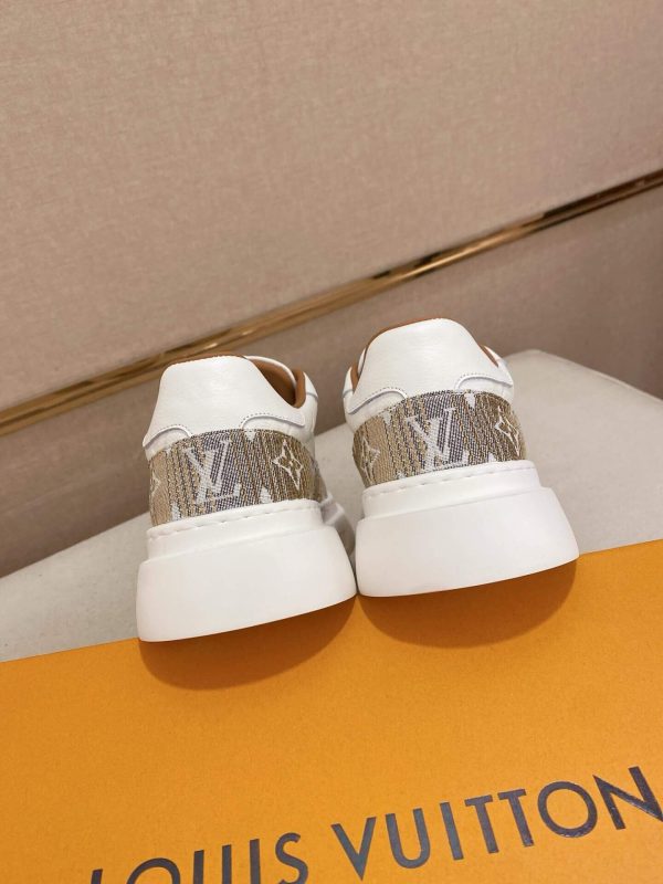 LV Beverly Hills Sneaker in Brown Monogram Denim and White Leather