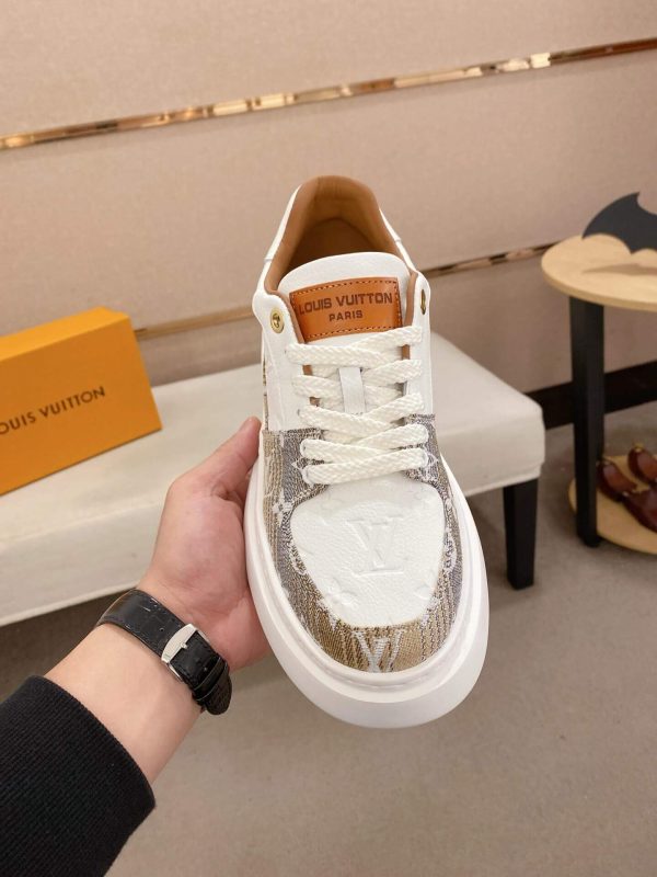 LV Beverly Hills Sneaker in Brown Monogram Denim and White Leather