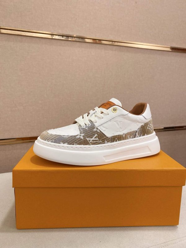 LV Beverly Hills Sneaker in Brown Monogram Denim and White Leather