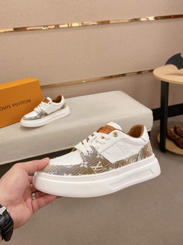 LV Beverly Hills Sneaker in Brown Monogram Denim and White Leather