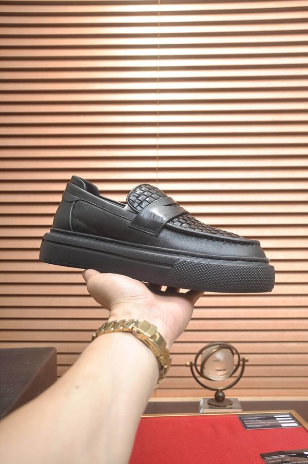 Prada Black Leather Platform Loafers with Weave Pattern