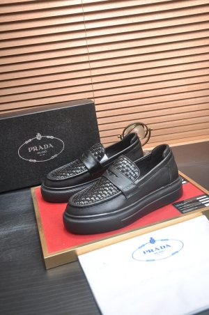 Prada Black Leather Platform Loafers with Weave Pattern
