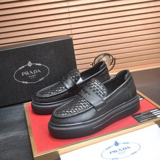Prada Black Leather Platform Loafers with Weave Pattern