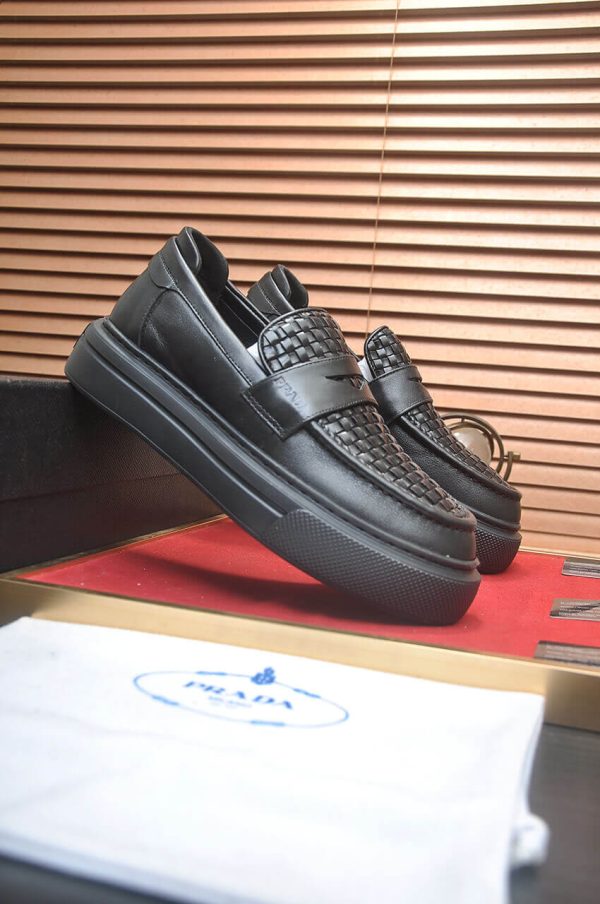 Prada Black Leather Platform Loafers with Weave Pattern