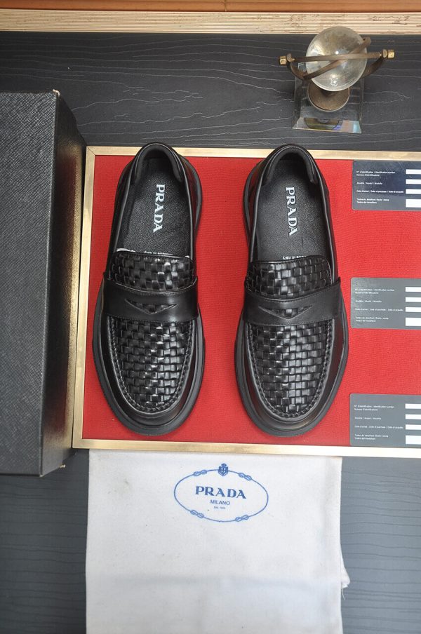 Prada Black Leather Platform Loafers with Weave Pattern